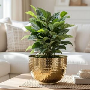 Modern Hammered Gold Metal Planter Pot for Table Centerpiece