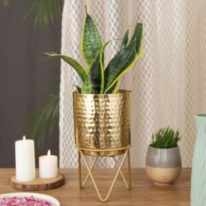 Hammered Gold Metal Planter Pot with Stand for Tabletop