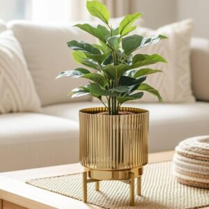 Modern Ribbed Gold Metal Planter Pot with Stand for Tabletop