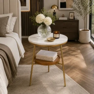 Round Marble Side Table - 2-Tier Wood & Gold Bedside Table
