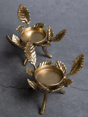 Brass Leaf Metal Tea Light Candle Holders, Set of 2