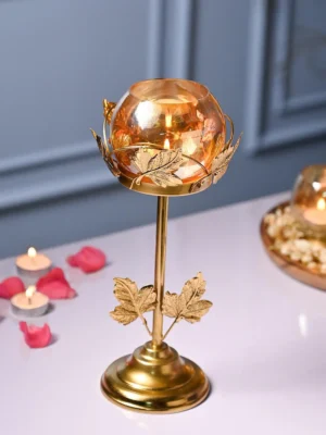Decorative Gold Leaf Metal Tea Light Candle Holder Stand